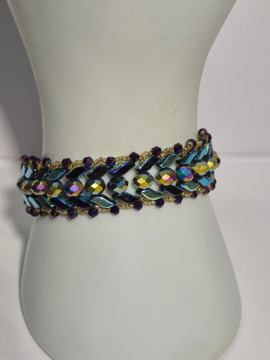 Peacock Iridescent Chevron Woven Bracelet, Handmade Czech Glass Bead Bracelet with 6mm Rondelles & Gold Miyuki Seed Beads, Artisan Statement Jewelry, Gift for Her