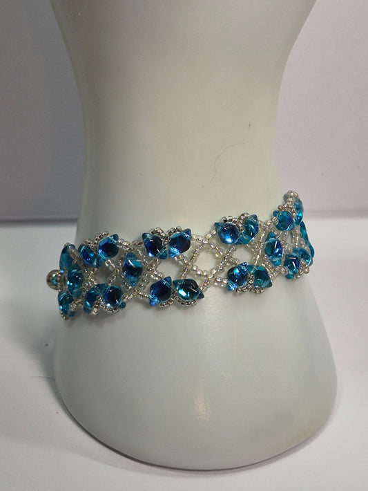 Ocean Blue Diamond Lattice Woven Bracelet, Handmade Czech Glass Bead Bracelet with Miyuki Seed Beads, Artisan Statement Jewelry, Gift for Her