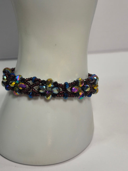 Dark Iridescent Wave Woven Bracelet, Handmade Beaded Bracelet with Multicolor Rondelles & Purple Miyuki Seed Beads, Artisan Statement Jewelry, Gift for Her