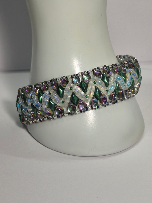 Emerald & Crystal AB Wide Cuff Woven Bracelet, Handmade Czech Glass Bead Bracelet with Iridescent Crescent Beads & Rainbow Border, Artisan Statement Jewelry, Gift for Her