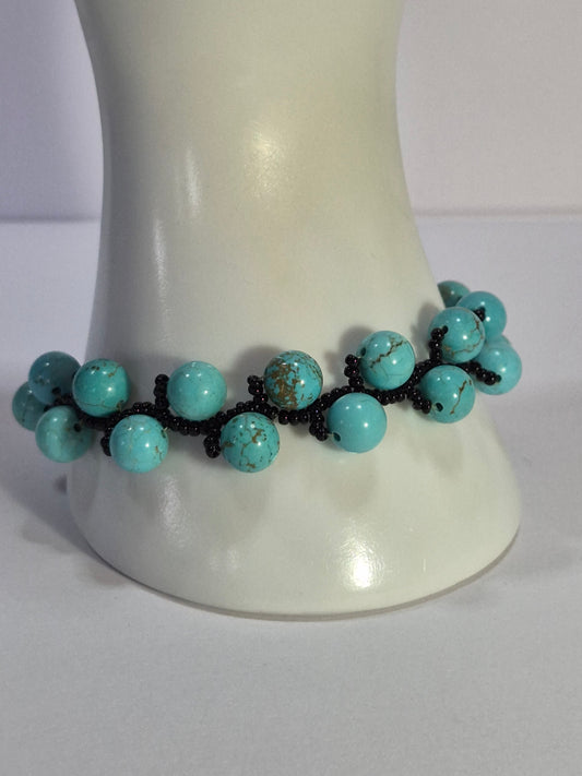Turquoise & Black Woven Bracelet – Handmade 8mm Gemstone Beaded Bracelet with Toggle Clasp