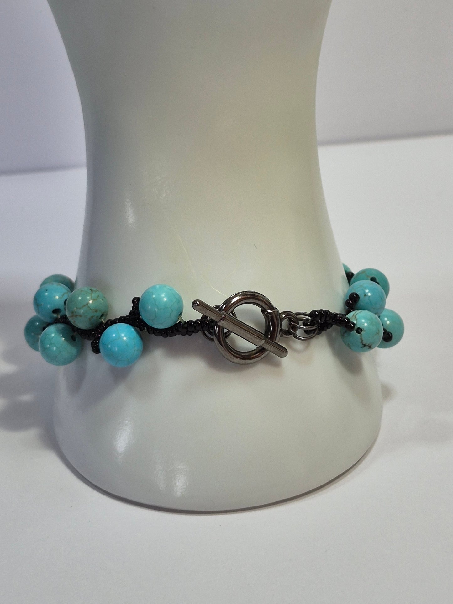 Turquoise & Black Woven Bracelet – Handmade 8mm Gemstone Beaded Bracelet with Toggle Clasp