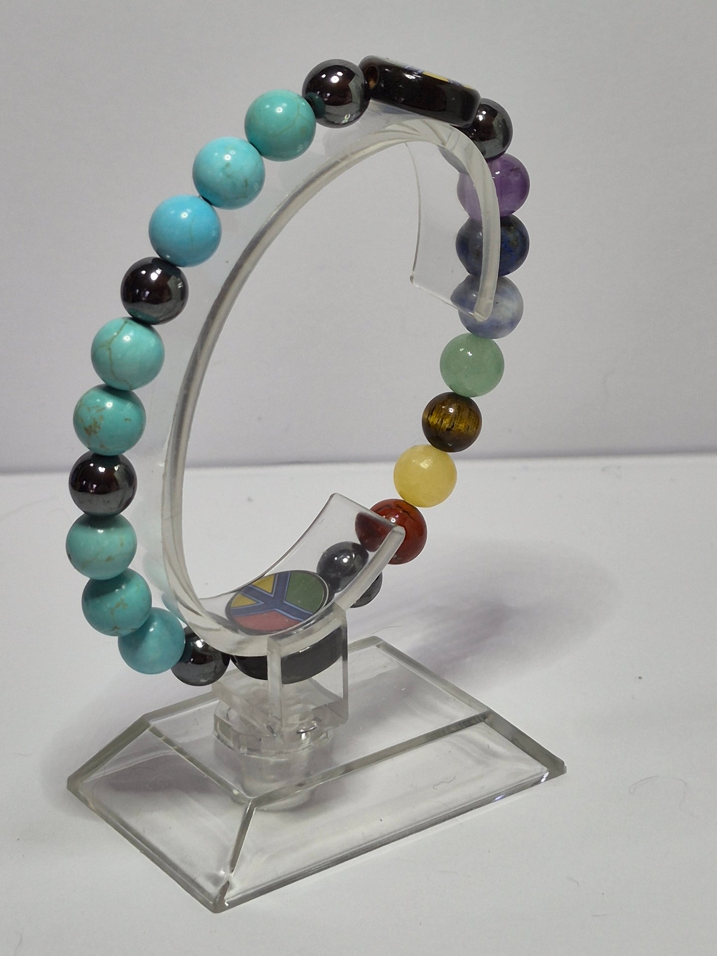 7 Chakra & Peace Sign Stretch Bracelet – Hematite, Turquoise & Gemstone Bracelet with Glass Peace Sign Beads