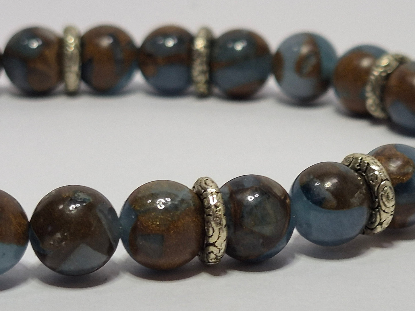 Aqua Terra Jasper Stretch Bracelet – 8mm Gemstone Beads with Silver Filigree Rondelle Spacers