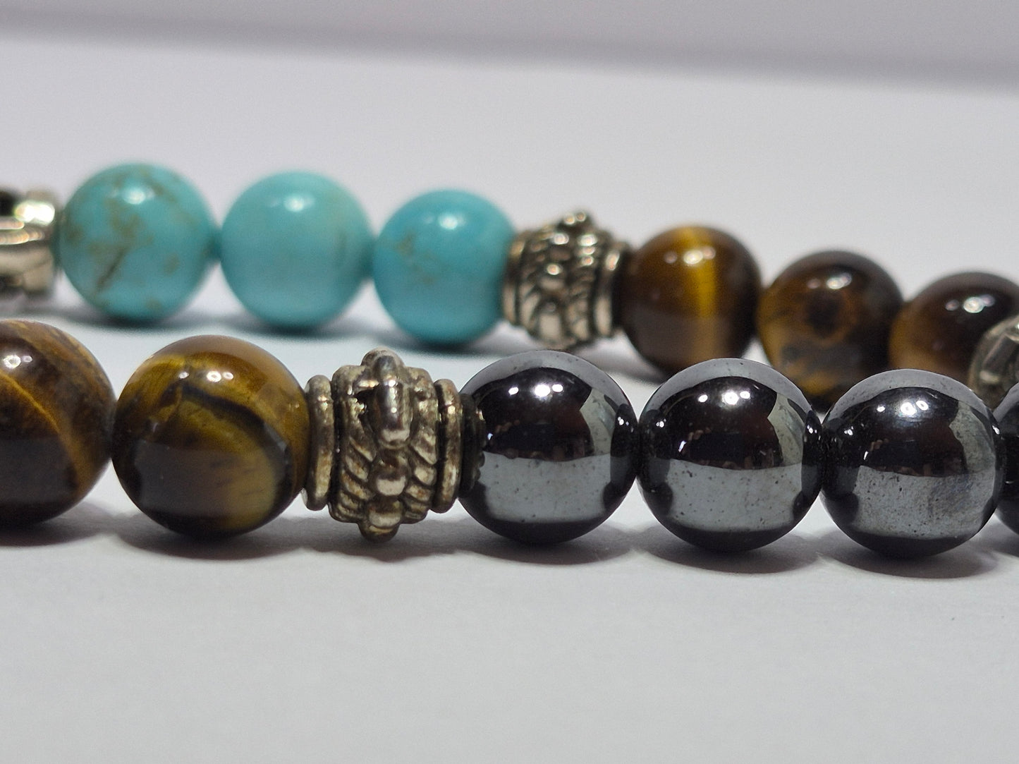 Turquoise, Tiger Eye & Hematite Stretch Bracelet – Silver Moon & Heart Charm, Floral Filigree Tube Bead