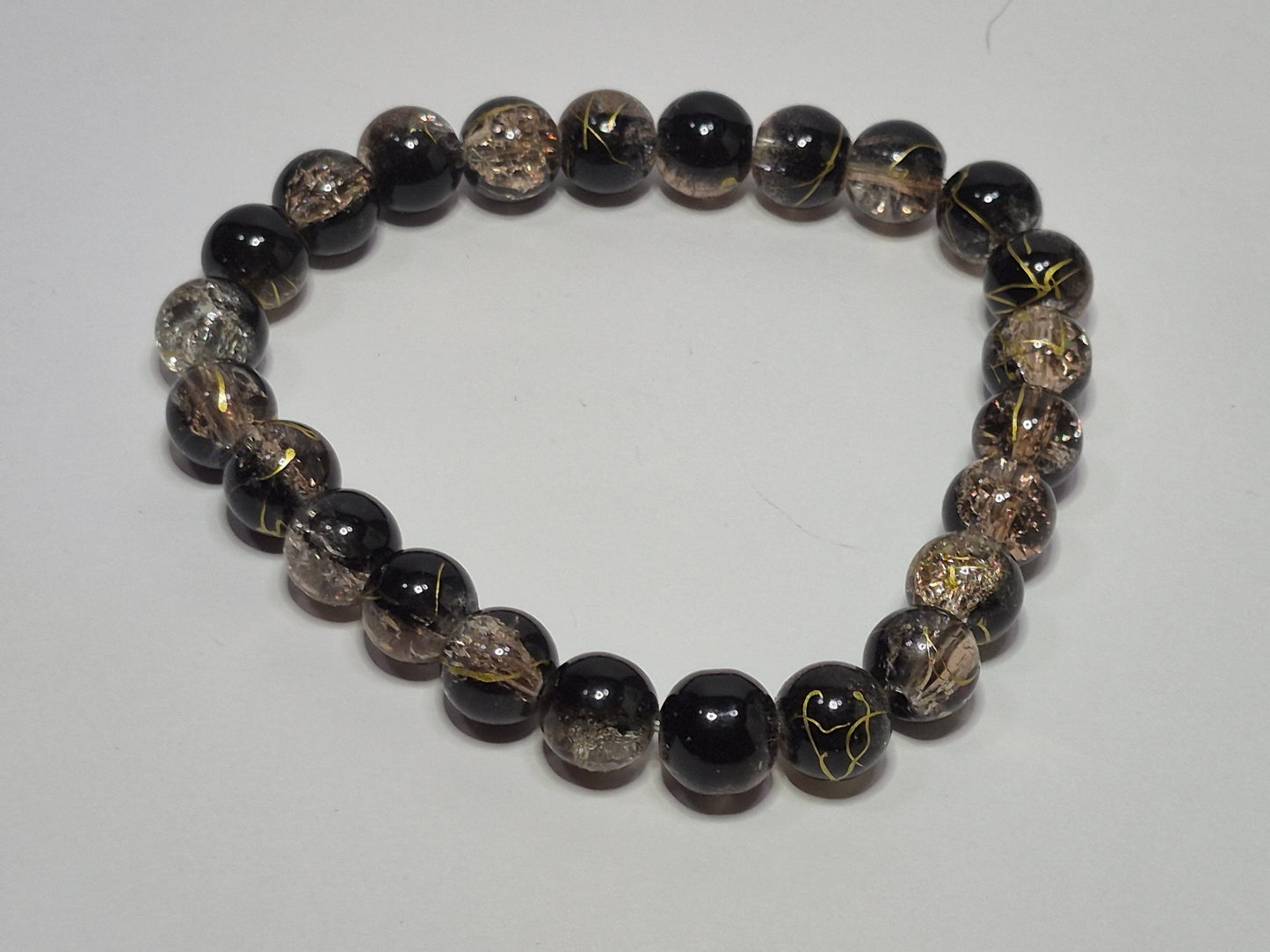 Black & Bronze Crackle Glass Stretch Bracelet – Gold Leaf Accent Beads, Handmade Artisan Bracelet