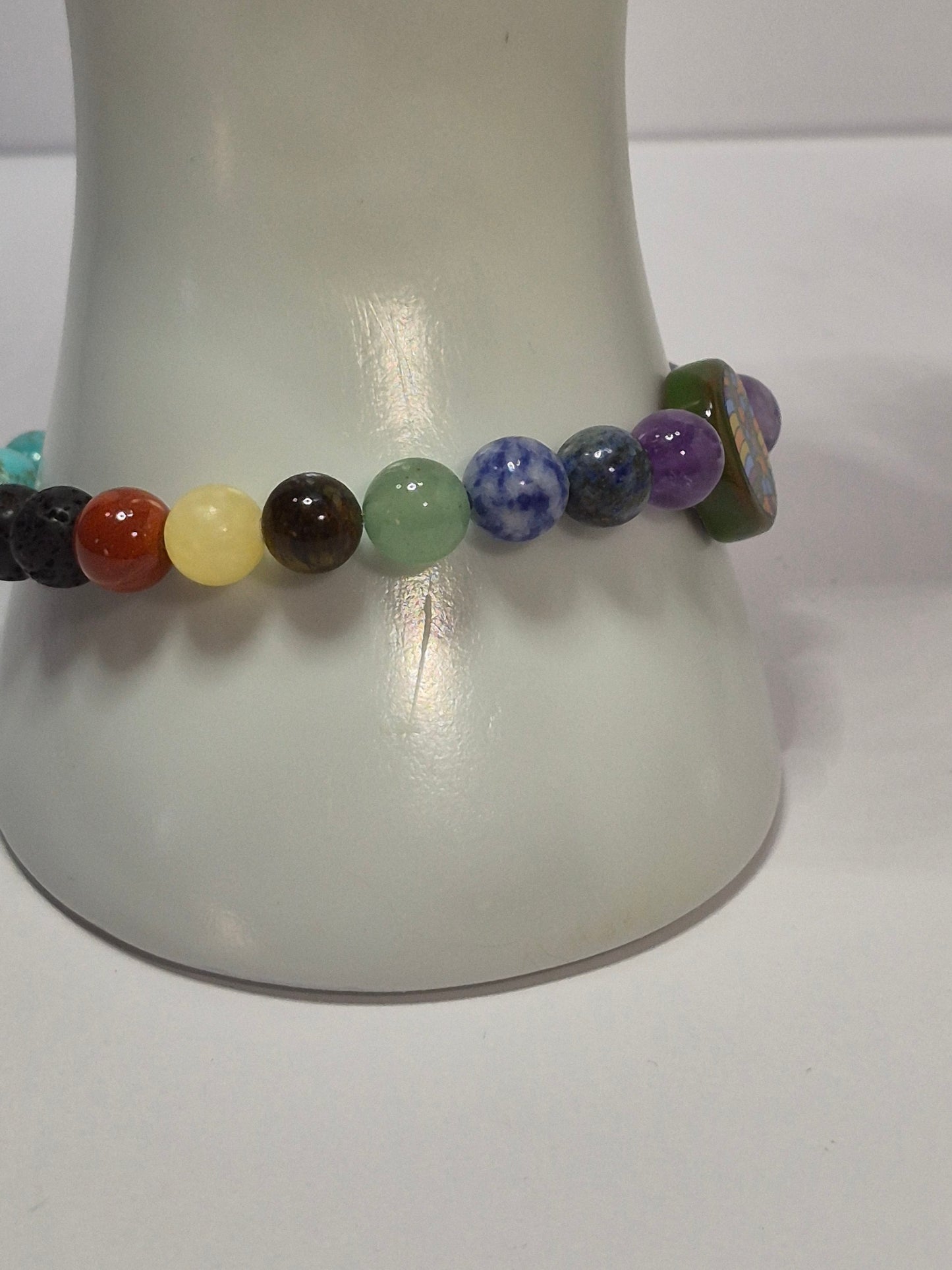 Mirrored 7 Chakra Stretch Bracelet – Turquoise, Lava Stone & Glass Chakra Focal Bead, Handmade Gemstone Bracelet