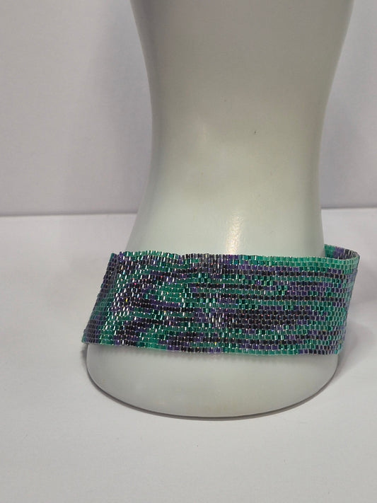 Turquoise & Lavender Peyote Cuff Bracelet – Miyuki Delica Beads, Wide Woven Beadwork Bracelet with Silver Filigree Clasp