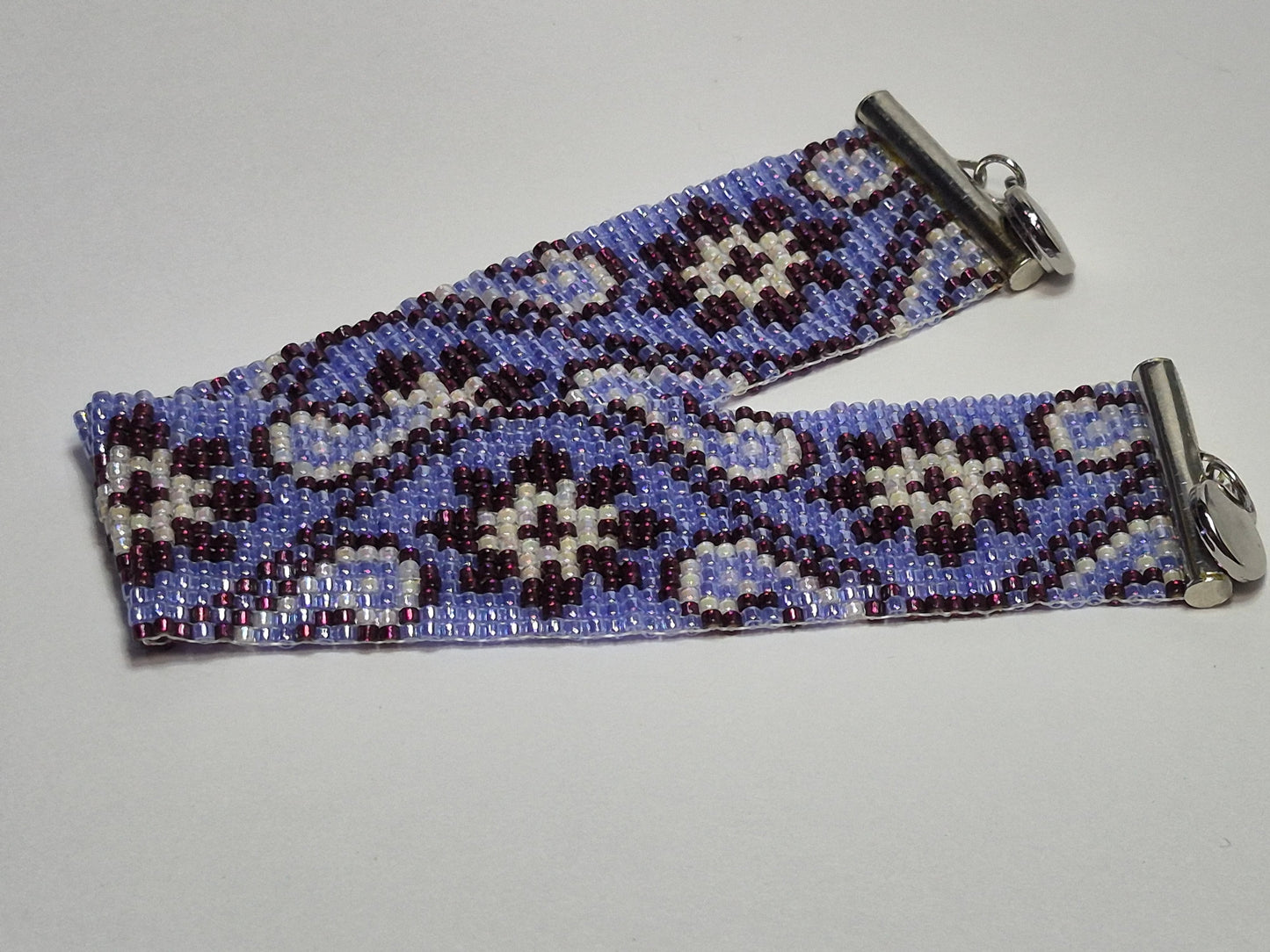 Periwinkle, Plum & Cream Peyote Cuff Bracelet – Miyuki Delica Beads, Wide Woven Beadwork Bracelet with Silver Slide Bar Clasp