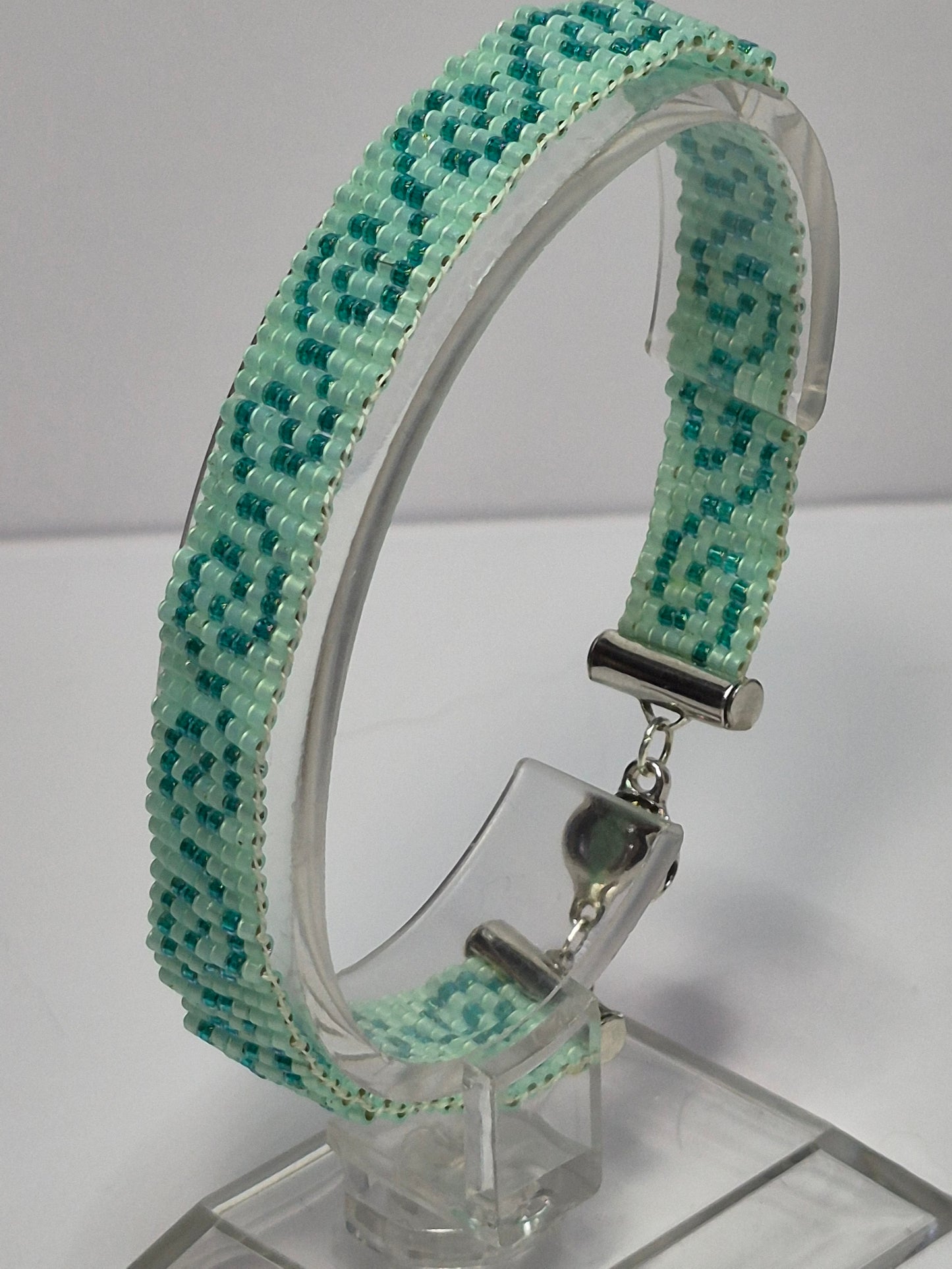 Mint & Teal Greek Key Cuff Bracelet – Miyuki Delica Beads, Woven Beadwork Bracelet with Silver Slide Bar Clasp