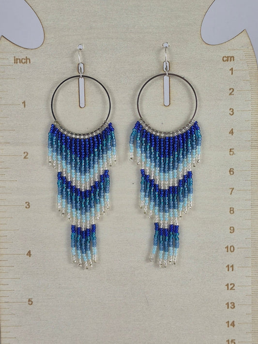 Blue & Silver Ombre Fringe Earrings | Handcrafted Beaded Statement Earrings