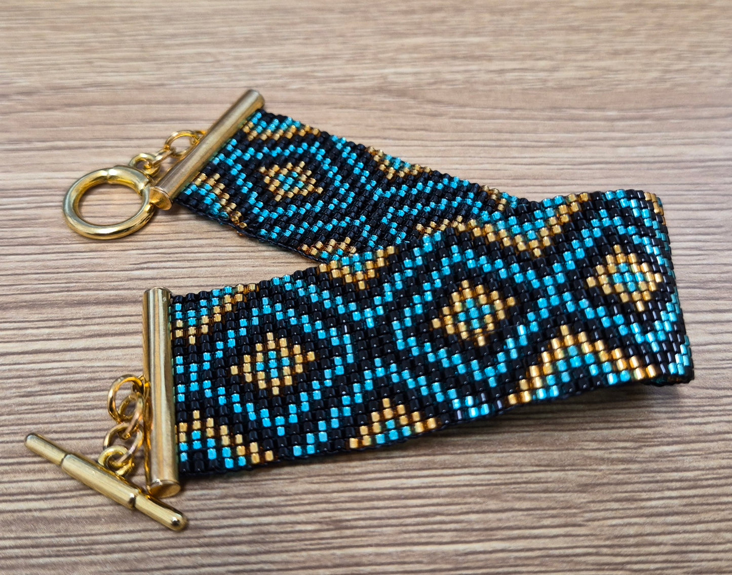 Handmade Bead Loom Bracelet, Miyuki Delica Bracelet, Geometric Cuff, Turquoise Gold Jewelry