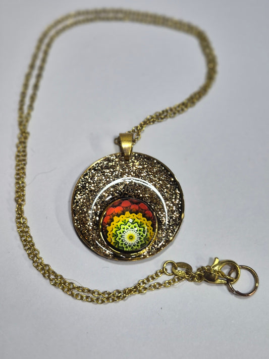 Black & Gold Glitter Mandala Pendant Necklace, Handcrafted Resin Statement Necklace, Artisan Jewelry, Gift for Her