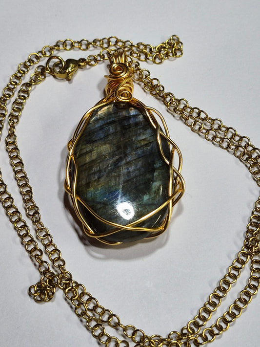 Front view of labradorite pendant and gold-tone chain on a white background.