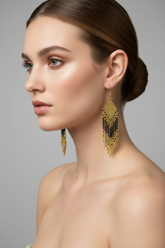 Gold & Black Beaded Fringe Earrings | Japanese Glass Seed Bead Statement Earrings