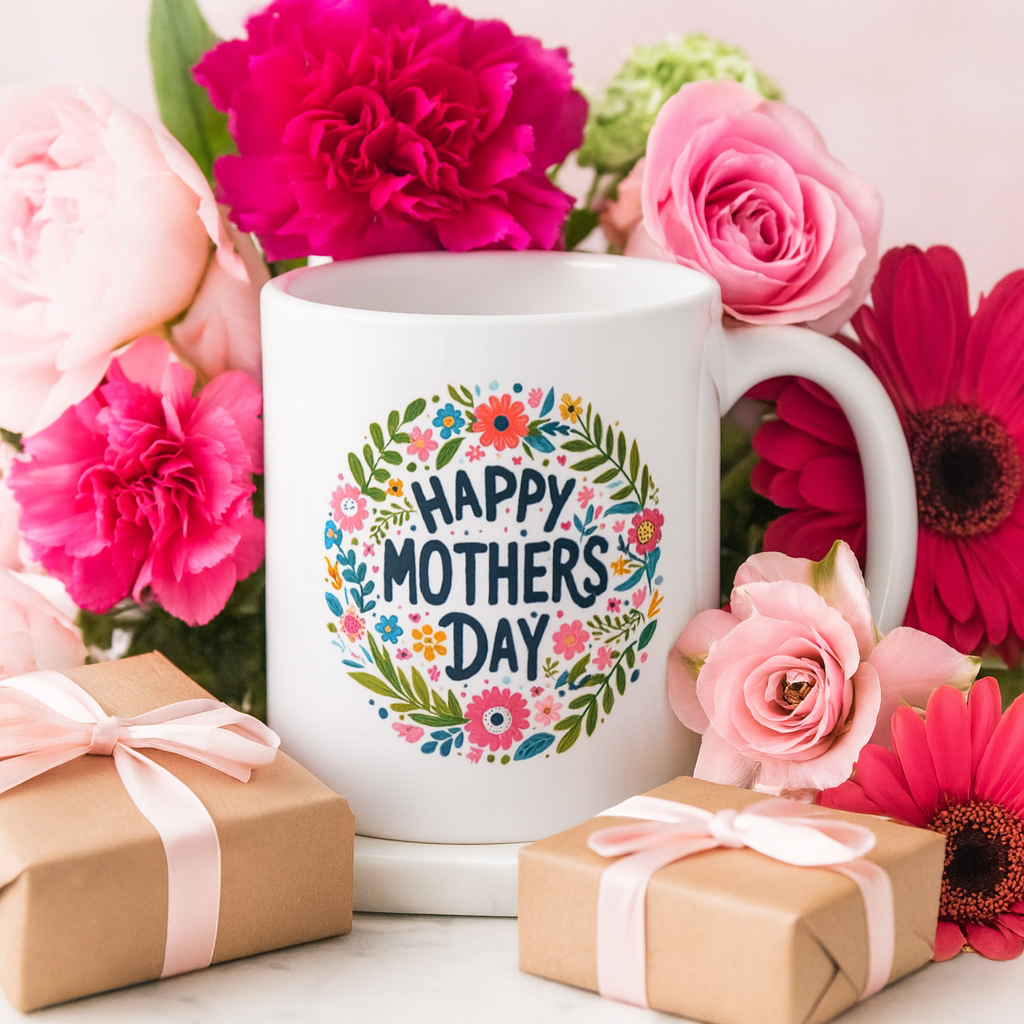 Happy Mother's Day Folk Art Wreath Mug - Bold & Cheerful
