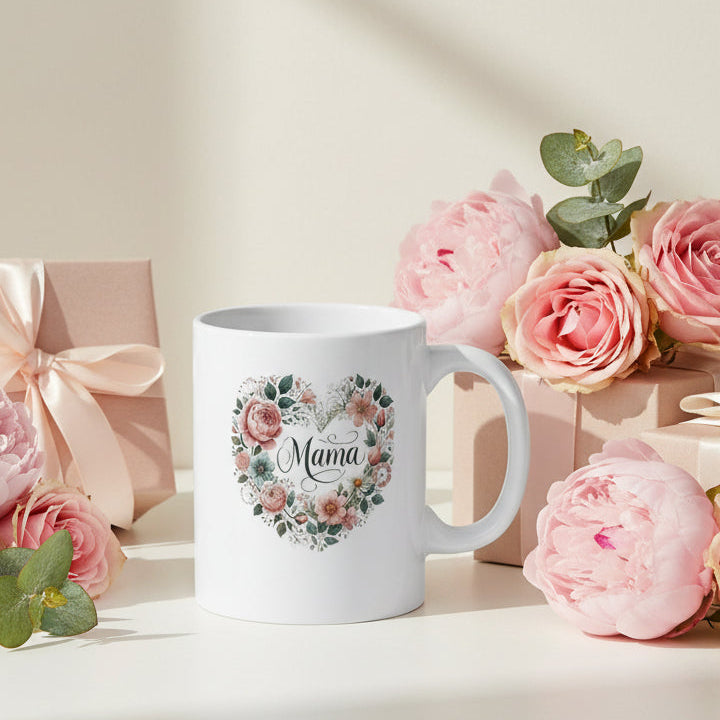 Mama Vintage Rose Heart Mug - Blush & Sage