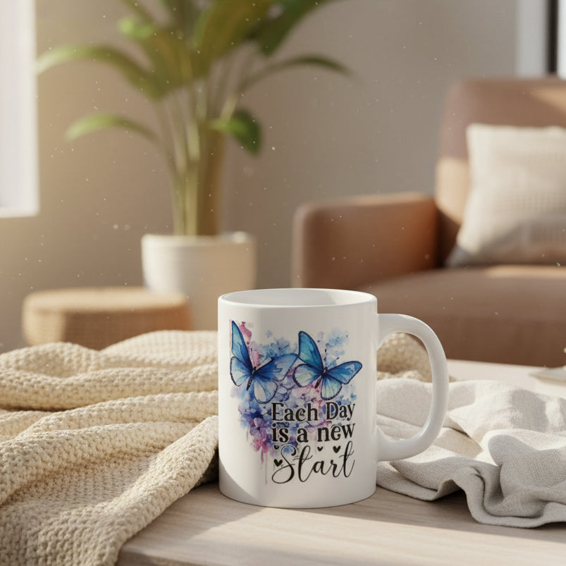 Each Day is a New Start Butterfly Mug - 11oz Inspirational Coffee Cup
