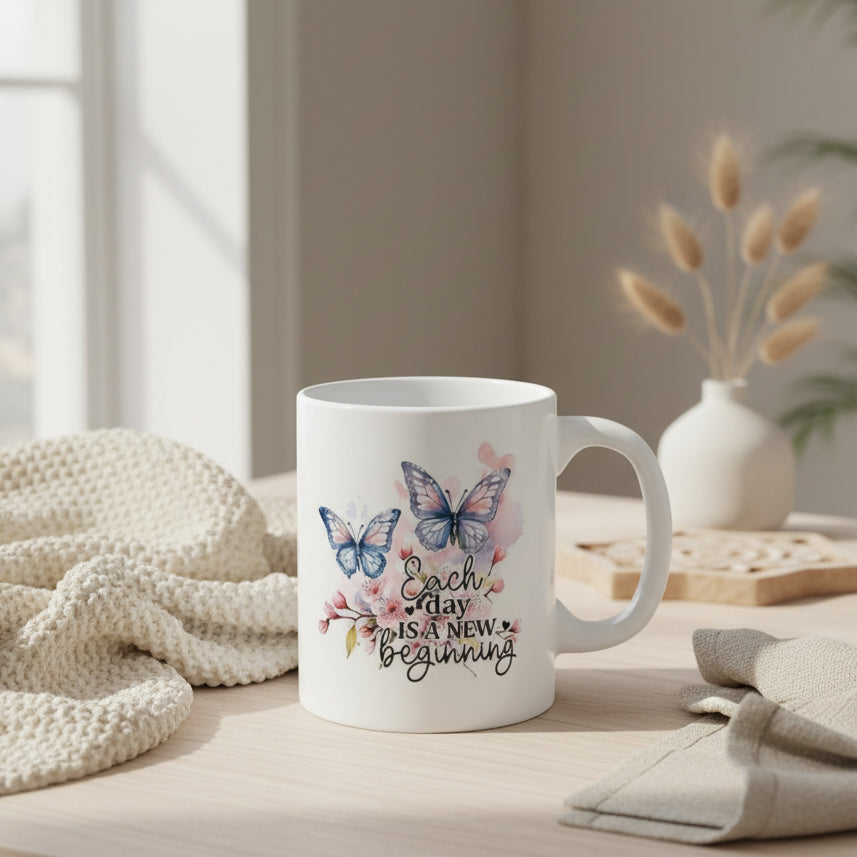 Each Day is a New Beginning Butterfly Mug - 11oz Inspirational Ceramic Coffee Cup