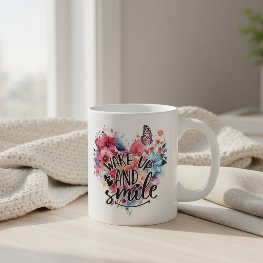 Wake Up and Smile Butterfly Mug - 11oz Inspirational Ceramic Coffee Cup