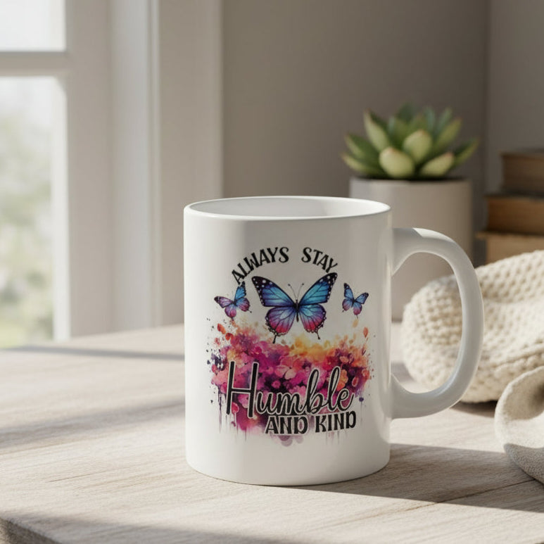 Always Stay Humble and Kind Butterfly Mug - 11oz Inspirational Ceramic Coffee Cup