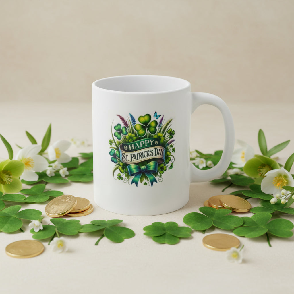 Saint Patrick's Day Shamrock Bouquet Mug - 11oz Ceramic Coffee Mug with Emerald Ribbon & Clover