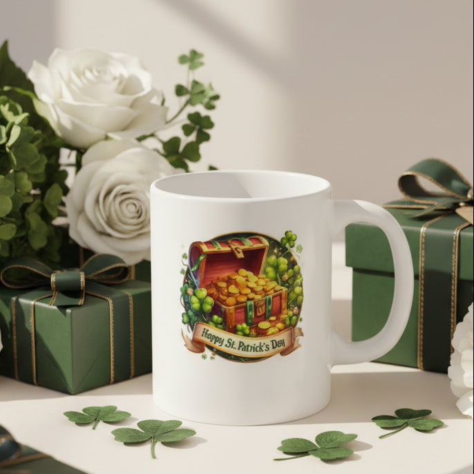 Saint Patrick's Day Treasure Chest Mug - 11oz Ceramic Coffee Mug with Gold Coins & Shamrocks