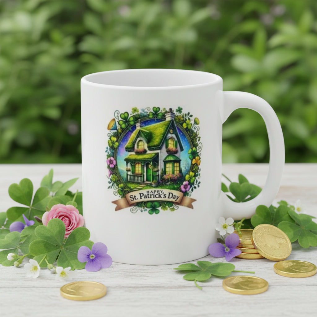 Saint Patrick's Day Irish Cottage Mug - 11oz Ceramic Coffee Mug with Enchanted Rainbow Cottage & Shamrock Garden