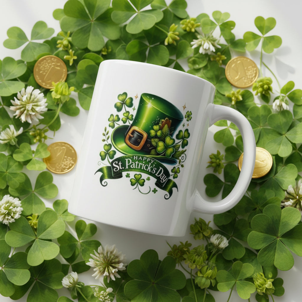 Saint Patrick's Day Leprechaun Hat Mug - 11oz Ceramic Coffee Mug with Lucky Shamrocks & Gold Buckle