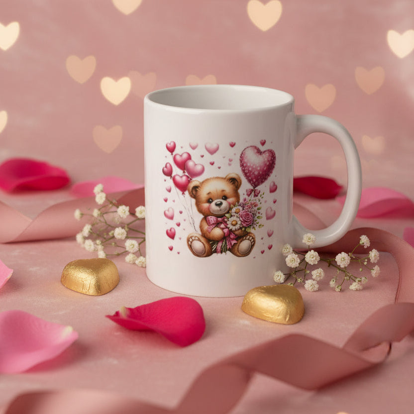 Valentine's Day Bear Mug with Heart Balloons & Bouquet - 11oz