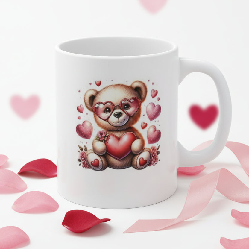 Valentine's Day Bear Mug with Heart Glasses - 11oz