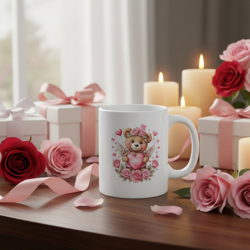 Valentine's Day Angel Bear with Heart Mug - 11oz Ceramic Coffee Cup
