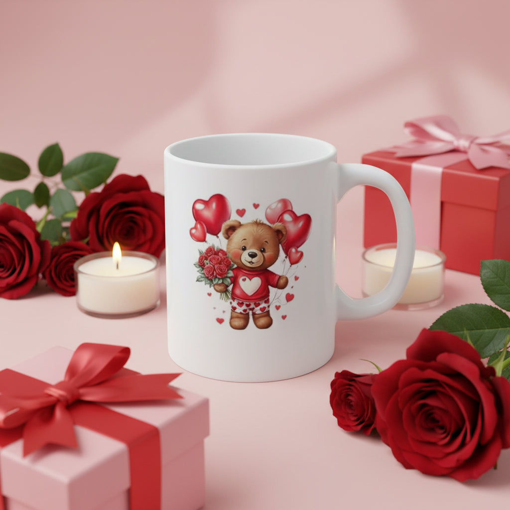 Valentine's Day Bear with Balloons Mug - 11oz Ceramic Coffee Cup