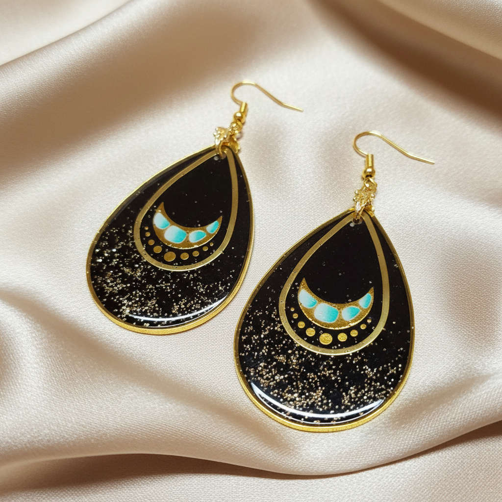 Celestial Moon Phase Earrings - Angled Satin View with Black Resin