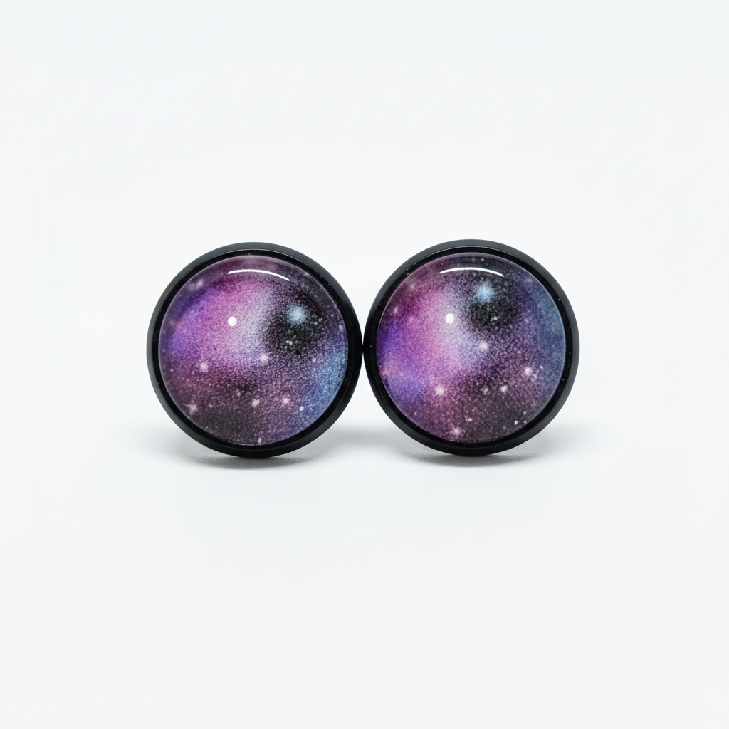 Purple galaxy stud earrings on white background