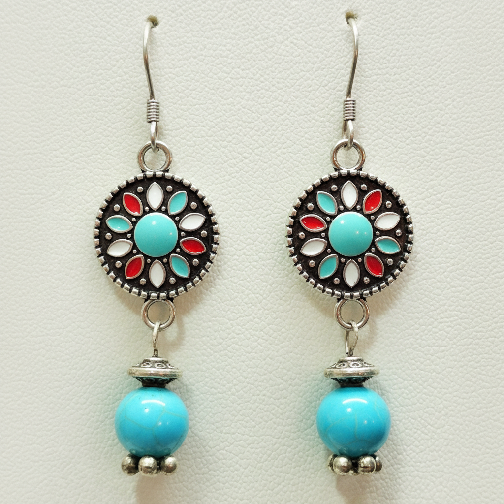 Turquoise Mandala Stone Dangle Earrings - silver mandala medallions with genuine turquoise stone beads