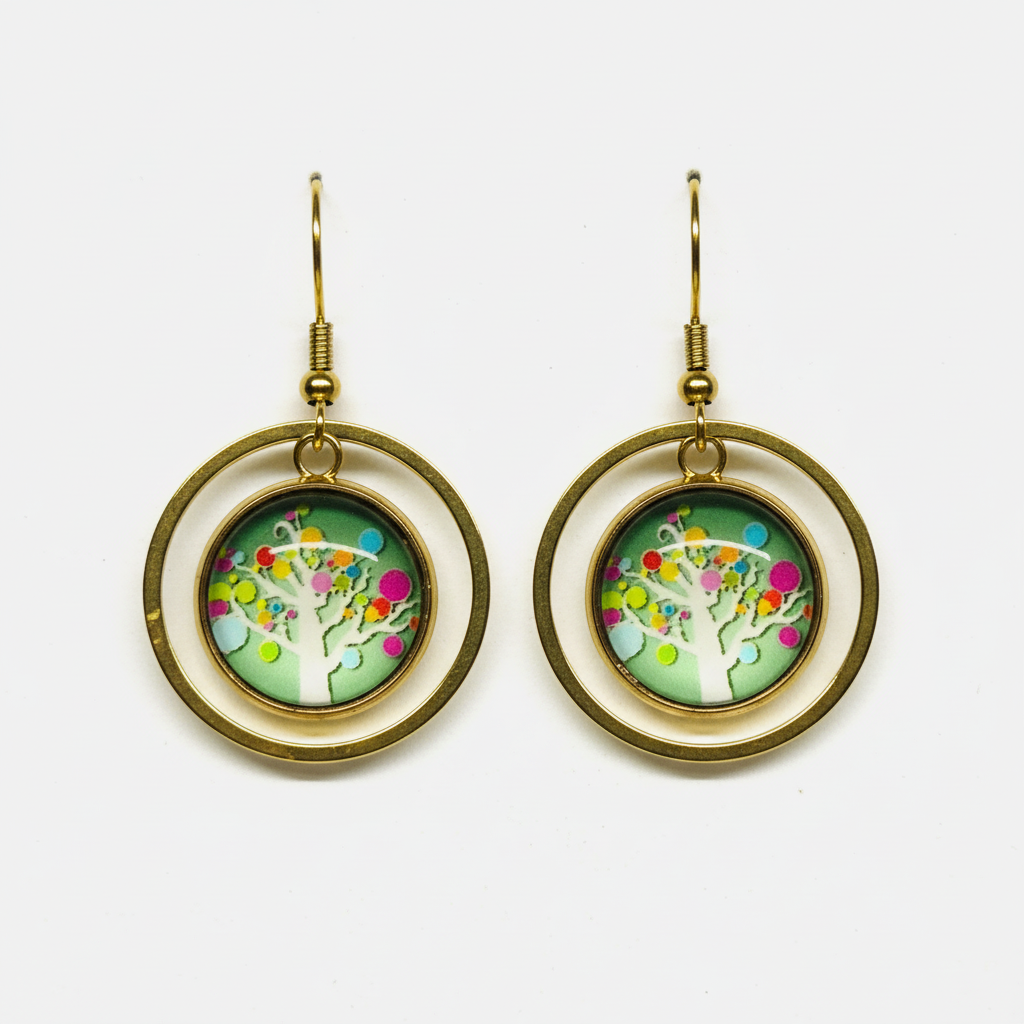 Tree of Life Double Circle Dangle Earrings – Handmade Gold Bronze Layered Symbolic Jewelry Gift for Her
