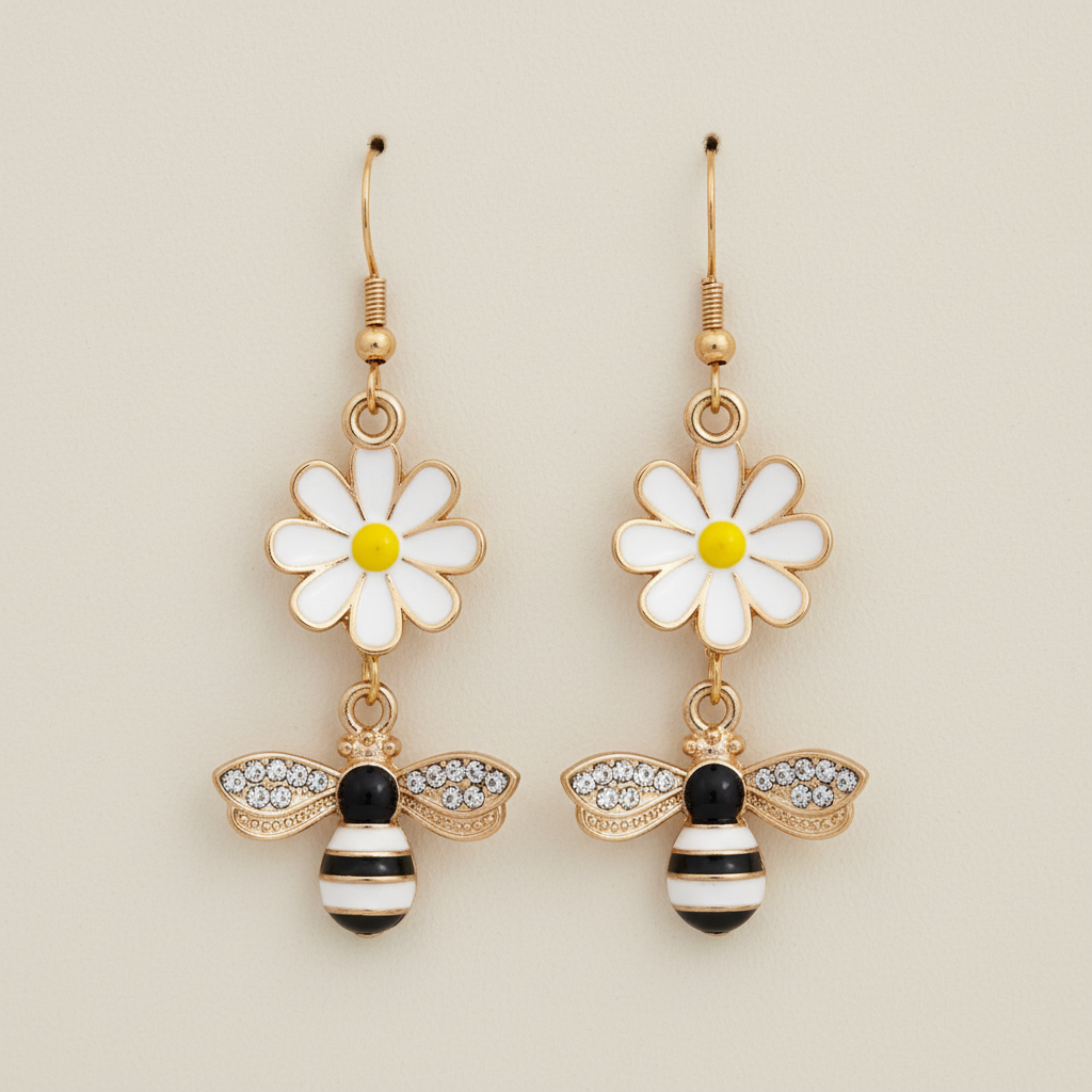 Daisy and Bee Dangle Earrings - whimsical white daisy flowers with sparkly rhinestone bee charms