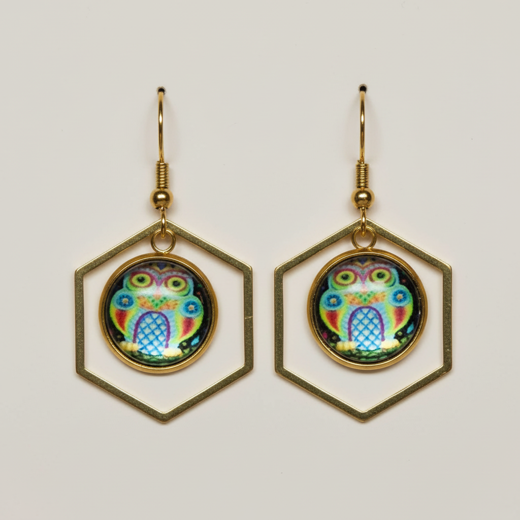 Colorful Owl Hexagon Dangle Earrings – Handmade Gold Frame Whimsical Jewelry Gift for Owl Lovers