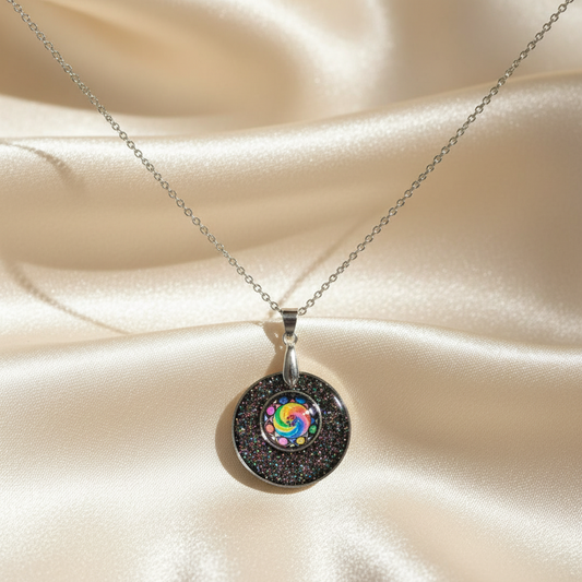Black glitter pendant - overhead flat lay