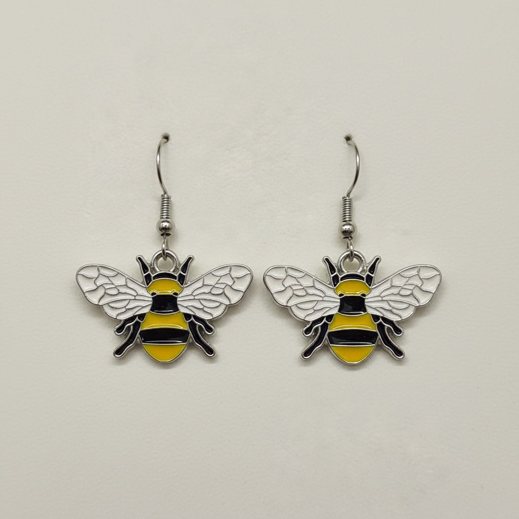 Charming Bumblebee Earrings - whimsical yellow and black bee dangle earrings with silver wings