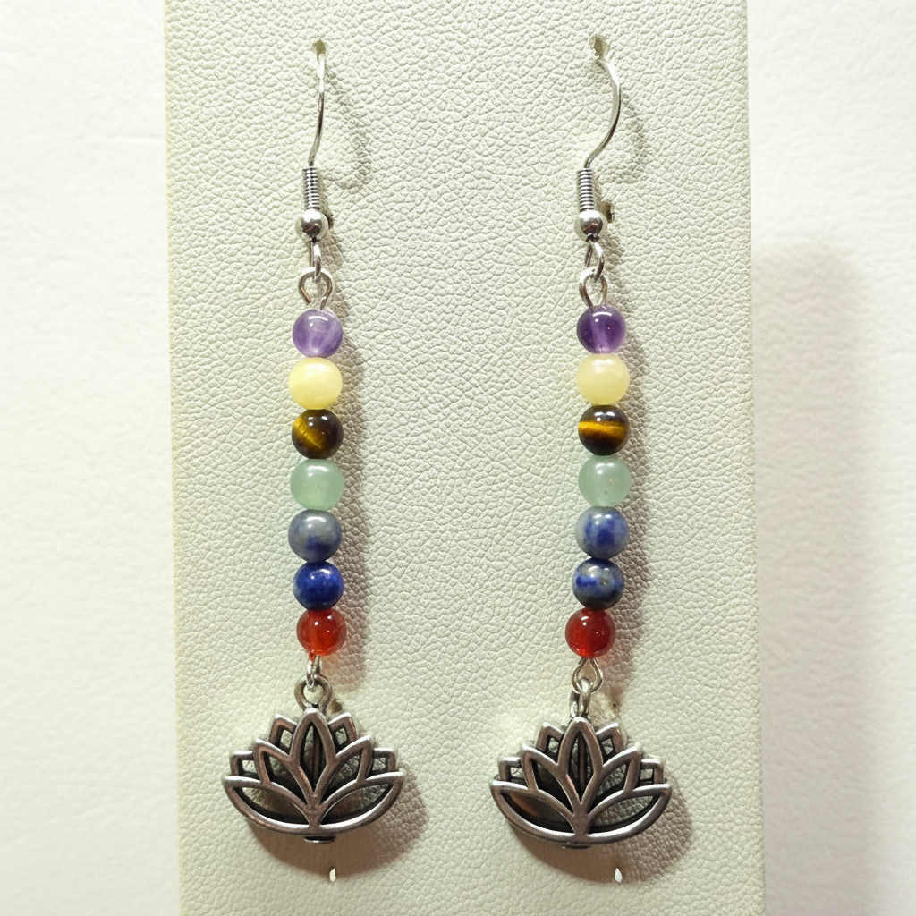 Seven Chakra Gemstone and Lotus Dangle Earrings - rainbow chakra stones with silver lotus flower charms