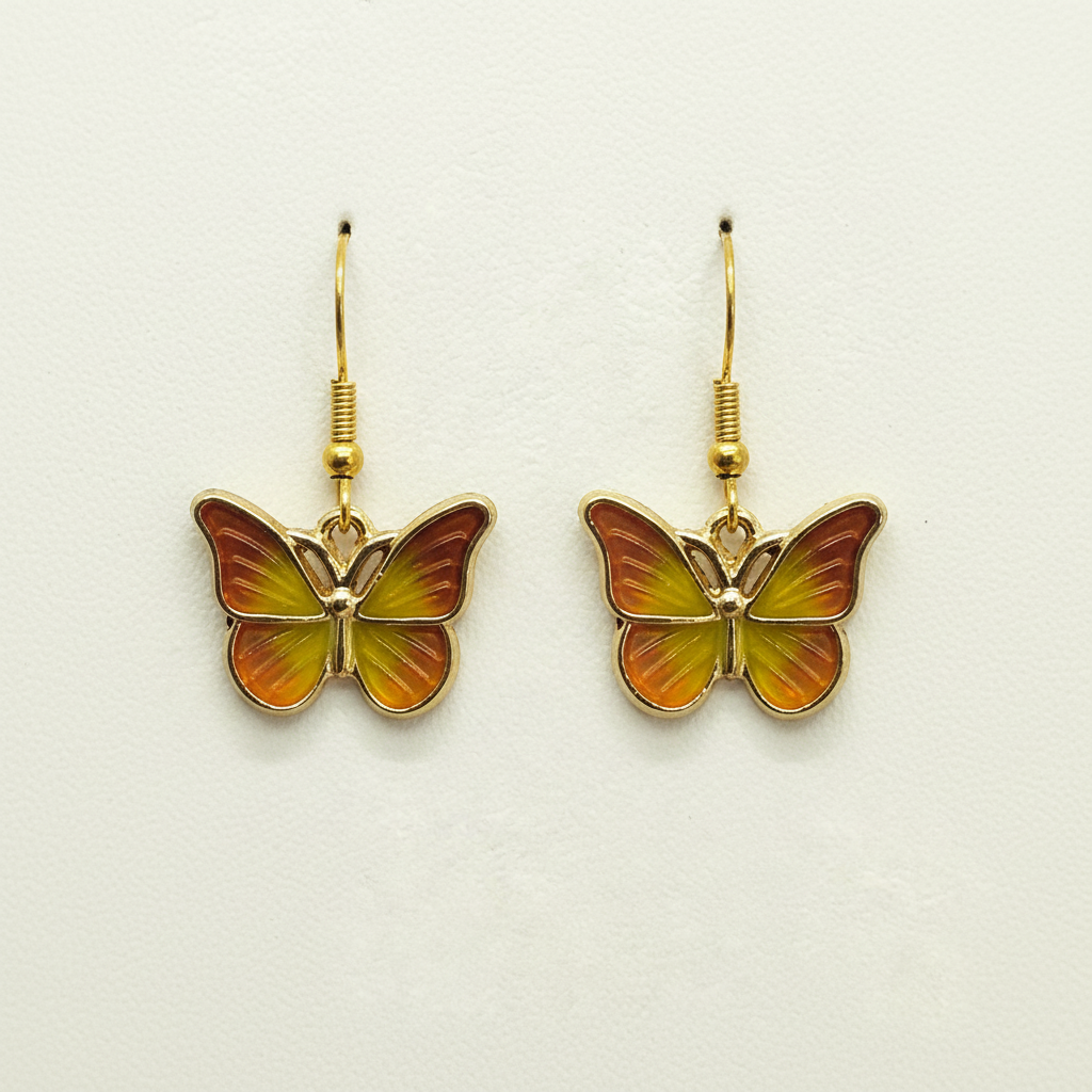 Autumn Gradient Butterfly Earrings - warm brown orange yellow green gradient enamel butterfly earrings with gold details