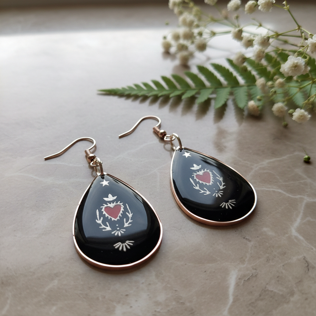 Sacred Heart Resin Earrings - detail view with florals