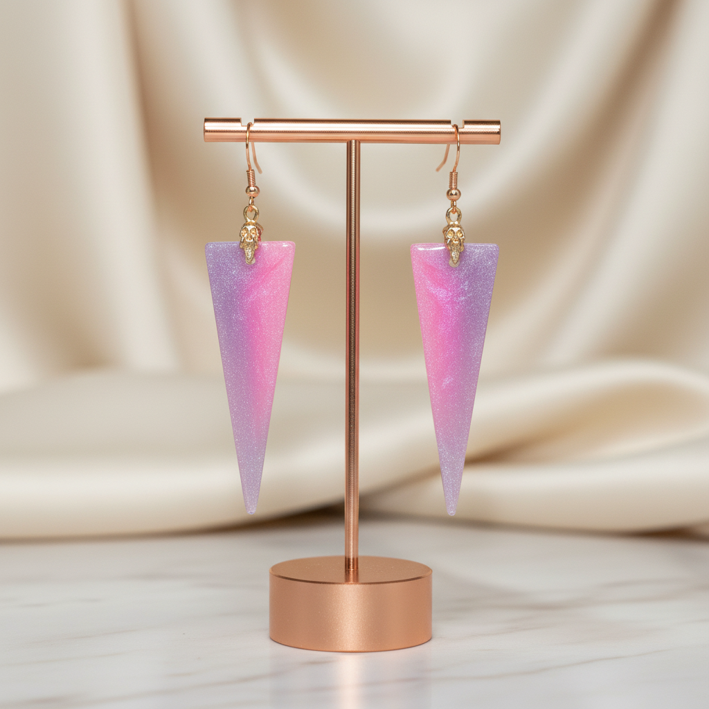 Lavender Blush Triangle Earrings - hanging on stand