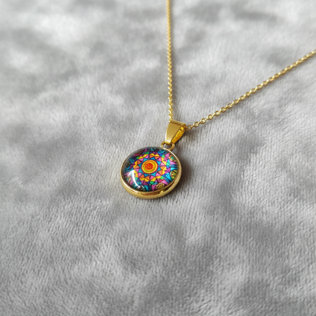 Angled view of petite kaleidoscope mandala pendant on velvet background