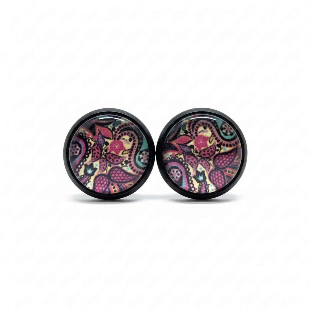 Paisley pattern stud earrings on white background