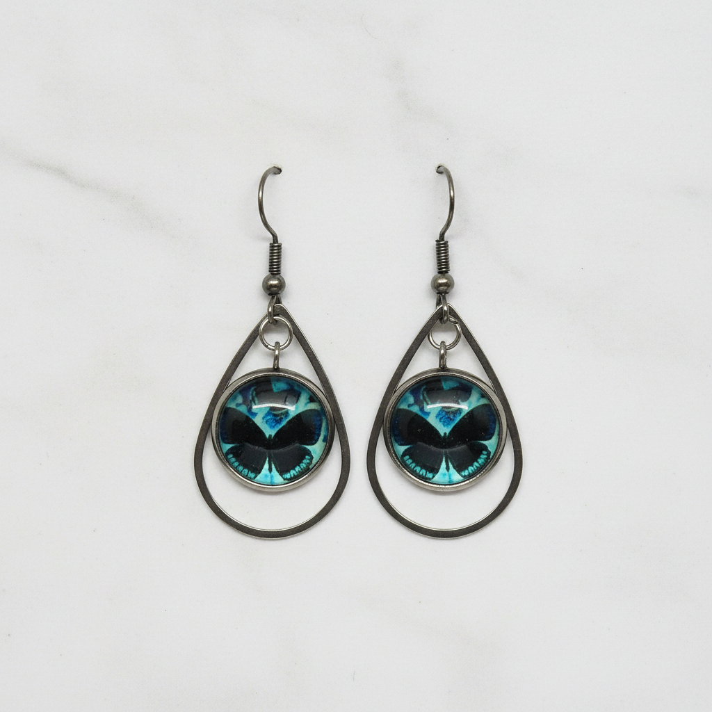 Teal Butterfly Teardrop Dangle Earrings – Handmade Gunmetal Nature-Inspired Minimalist Jewelry Gift for Her