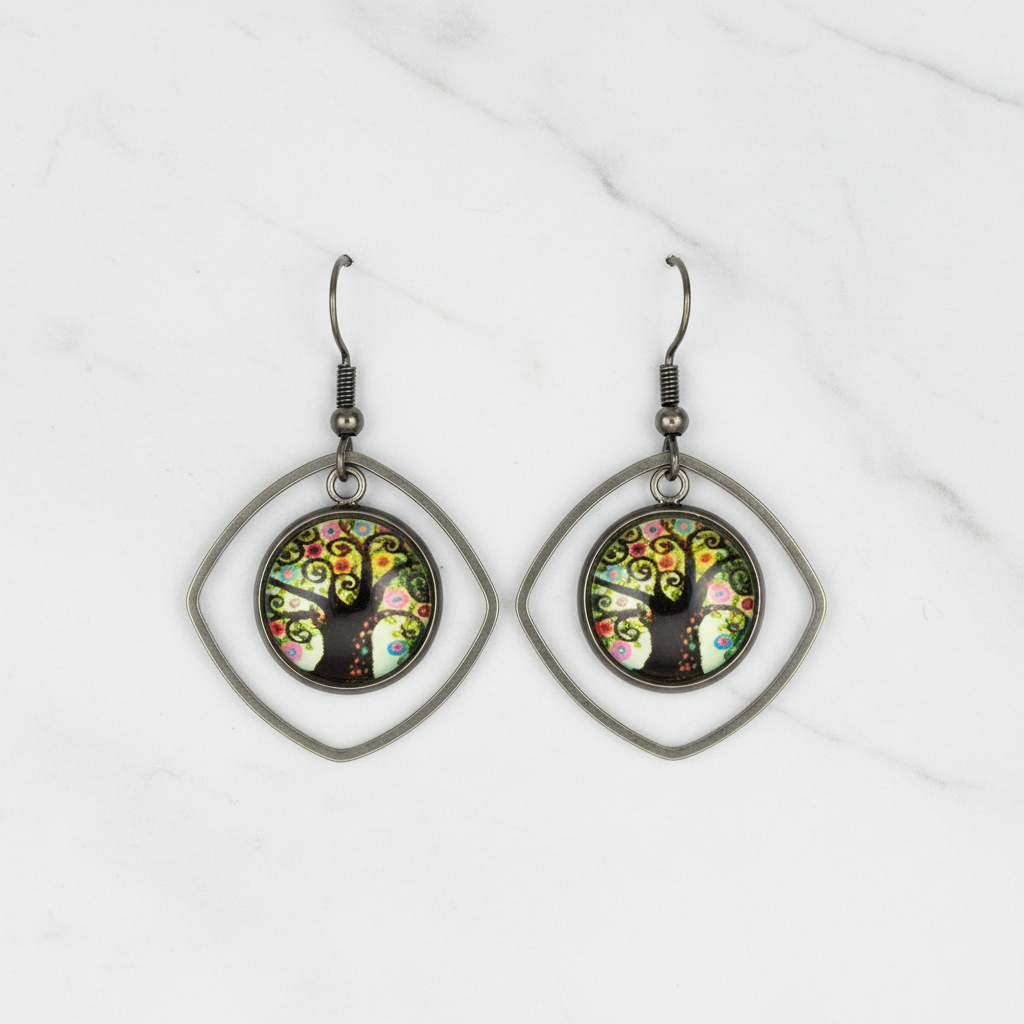 Tree of Life Square Dangle Earrings – Handmade Stainless Steel Colorful Floral Symbolic Jewelry Gift for Her