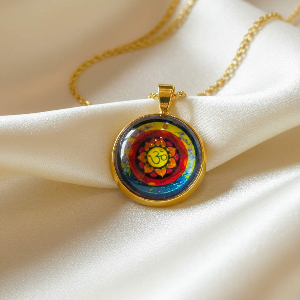 Close-up of glass dome cabochon Om mandala pendant on satin